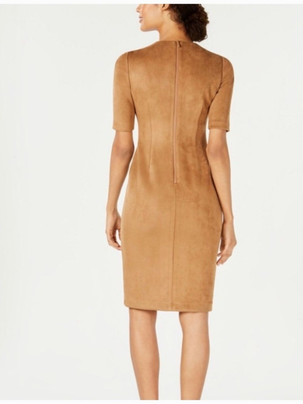 Anne Klein Dress Womens 14 Camel Faux Suede Sheath Midi Career NWT Stretch - Picture 6 of 12